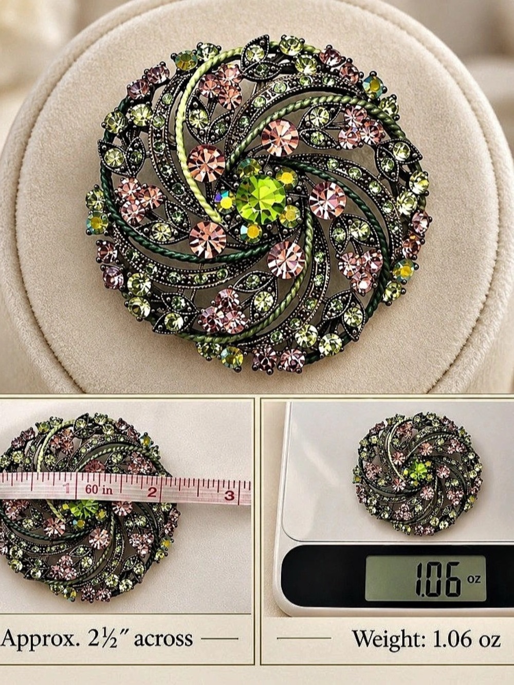 Floral Rhinestone Brooch in Green & Pink Like New